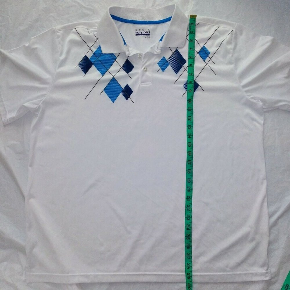 Basic Editions Men's Polo White w BLUE ARGYLE Short Sleeve Shirt Golf Size XL